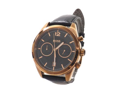 Hugo Boss rose gold plated stainless steel gentleman's chronograph wristwatch, ref. HB.168.1.34.2438, black leather strap, qu