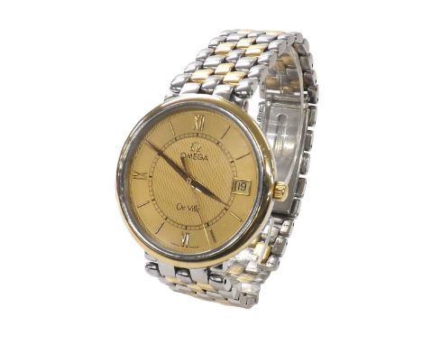 Omega De Ville quartz bicolour gentleman's bracelet watch, engine turned champagne dial with Roman numerals, baton markers an