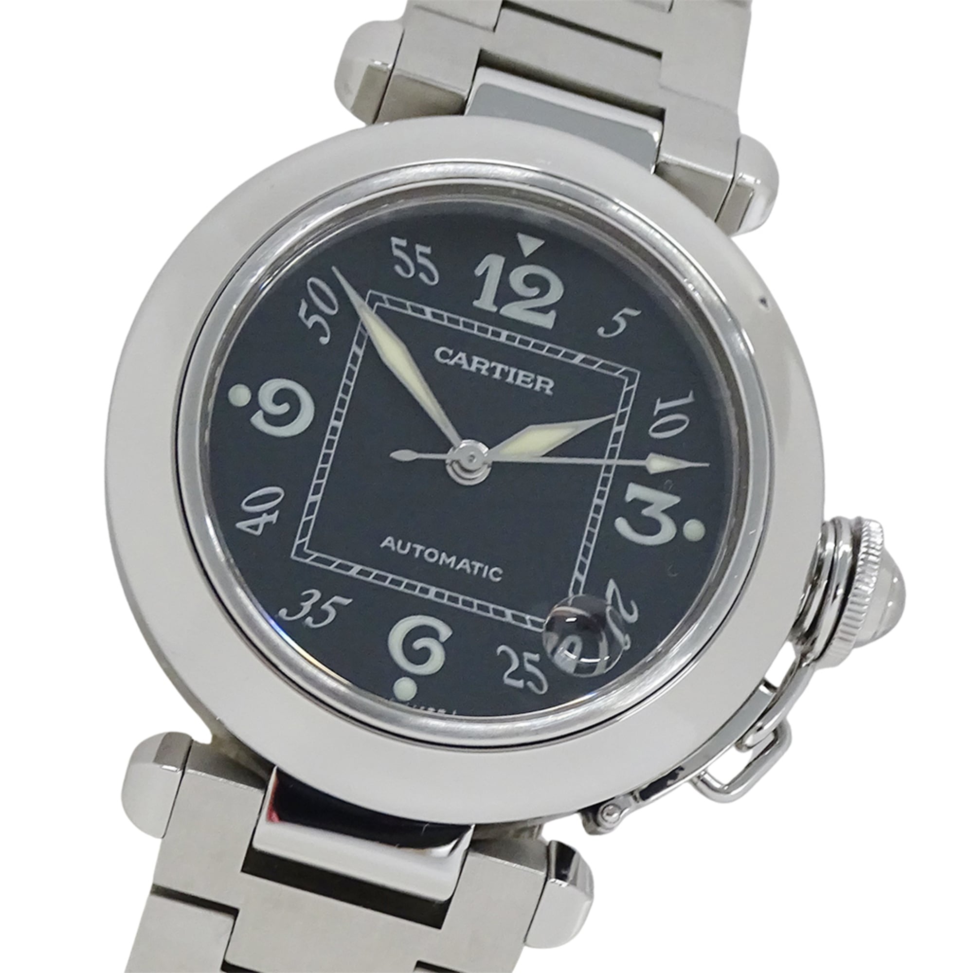 Cartier Pasha C Date Automatic Watch for Boys, Stainless Steel (SS) W31043M7, Silver/Black, Polished