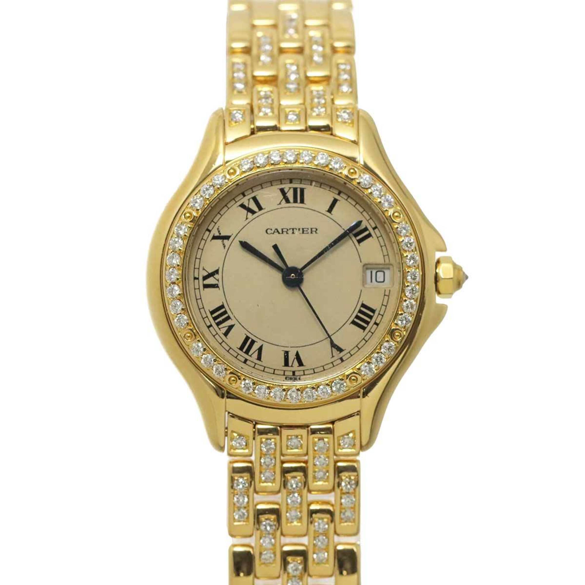 Cartier Panthère Cougar WF8001FR Ladies\' Watch, Diamond Bezel, Bracelet, Date Display, Ivory, 18K Y