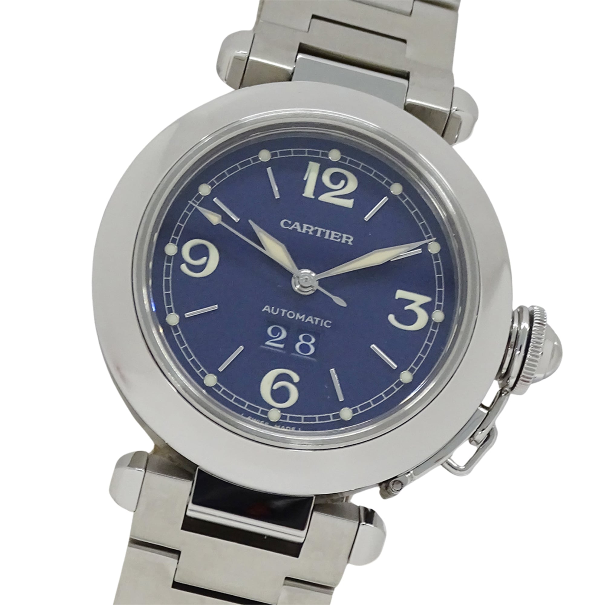 Cartier Pasha C Big Date Automatic Watch for Boys, Stainless Steel (SS) W31047M7, Silver/Navy
