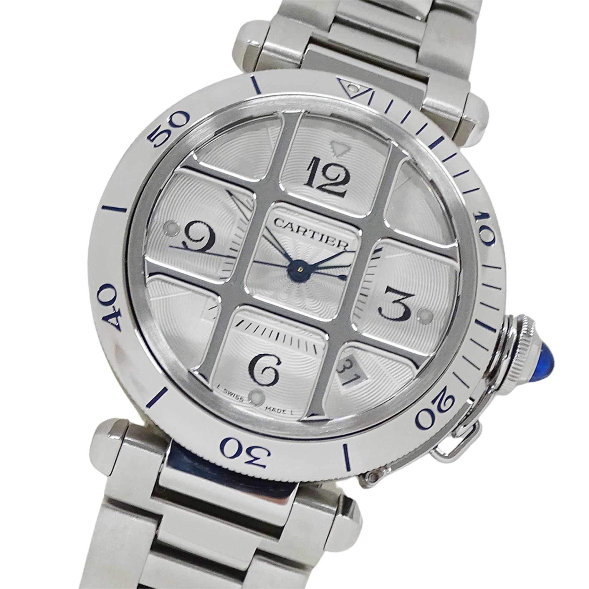 Cartier Pasha Grid Date Automatic Watch for Men, Stainless Steel (SS) W31040H3, Silver, Open Casebac