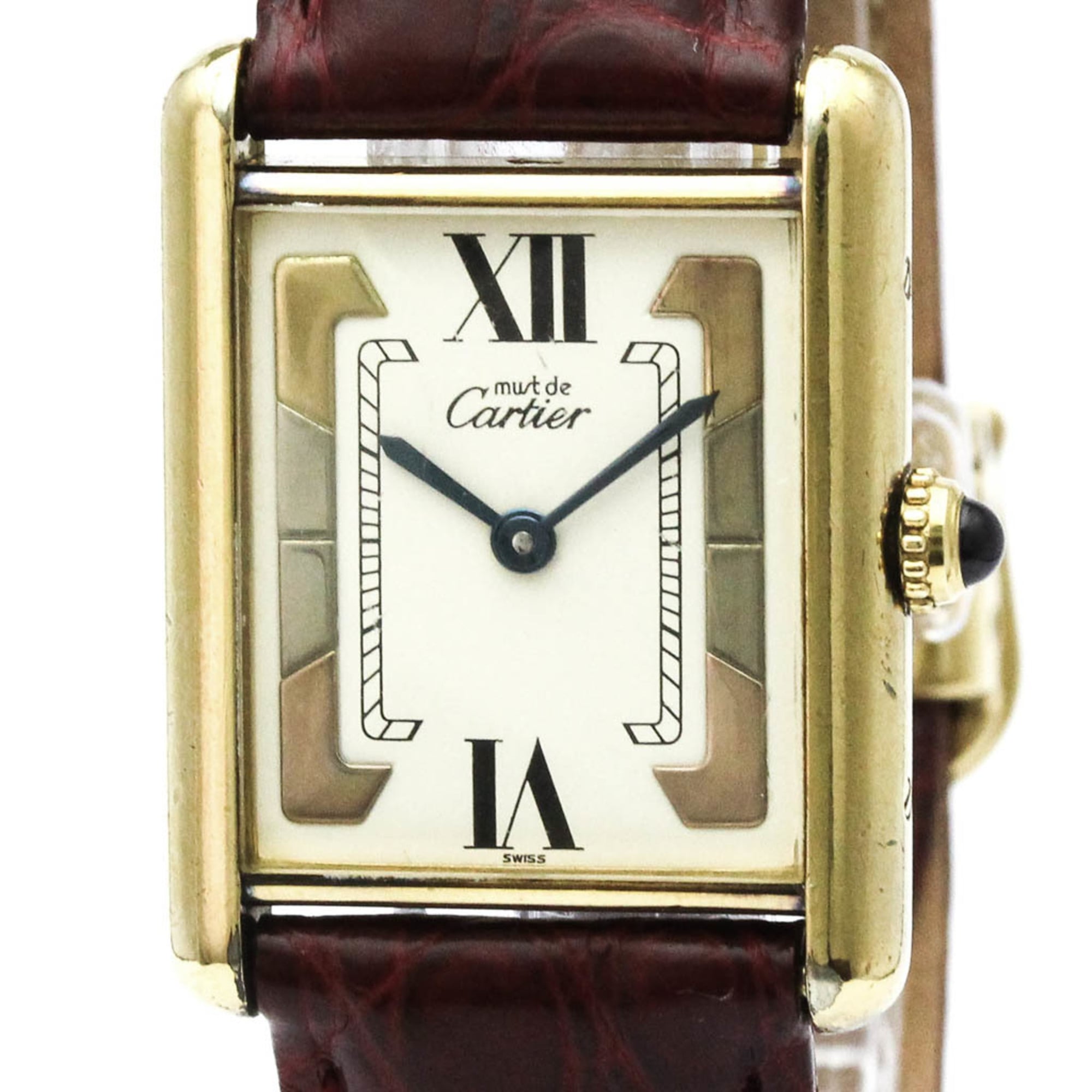 CARTIER Tank Vermeil Gold Plated Leater Quartz Mens Watch 590005
