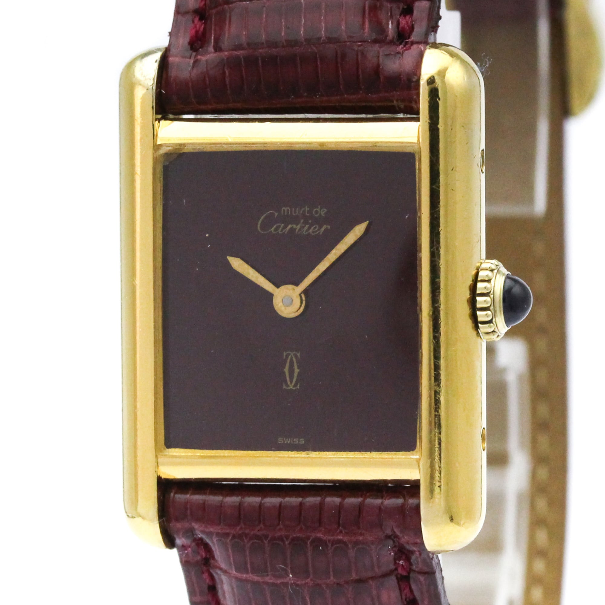 CARTIER Must Tank Vermeil Gold Plated Leater Hand-Winding Ladies Watch
