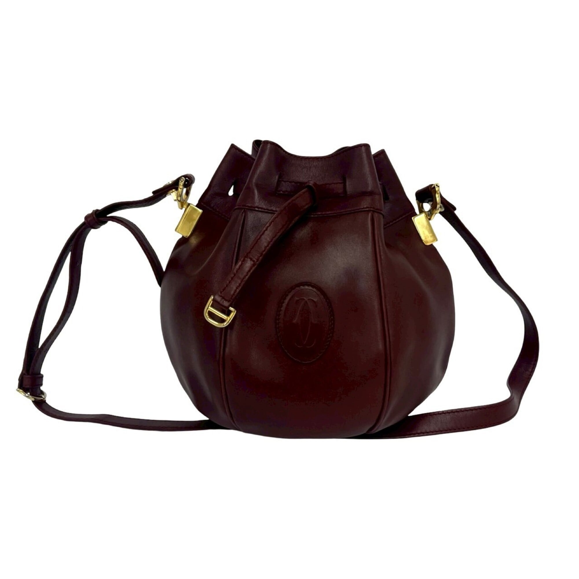 CARTIER Vintage Must Line Logo Leather Drawstring Shoulder Bag/Pouch/Sacoche, Bordeaux, 14965