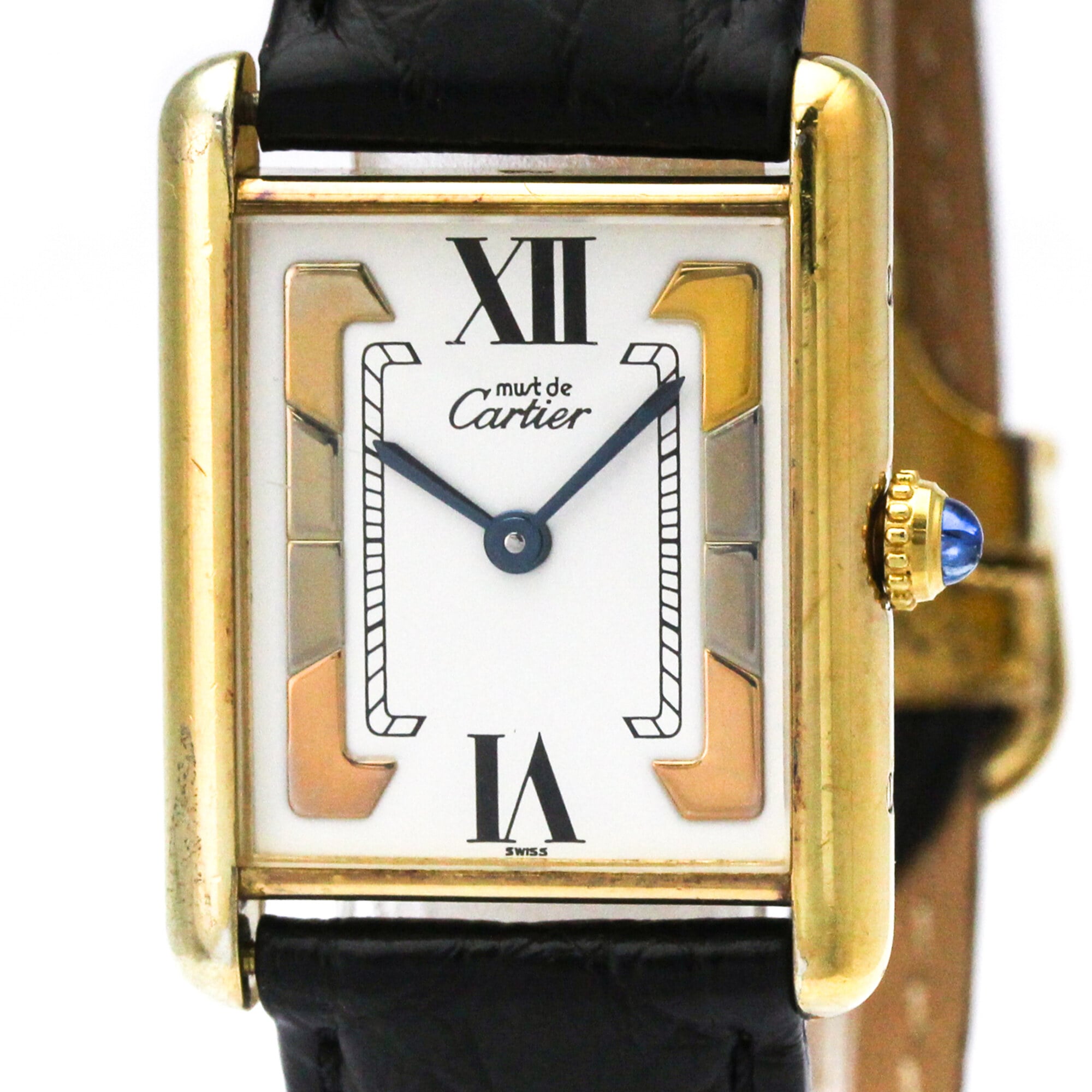 CARTIER Must Tank Vermeil Gold Plated Leater Quartz Mens Watch 590005