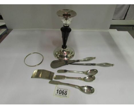 A Chester silver candlestick, shoe horn, button hook, 3 mustard spoons etc