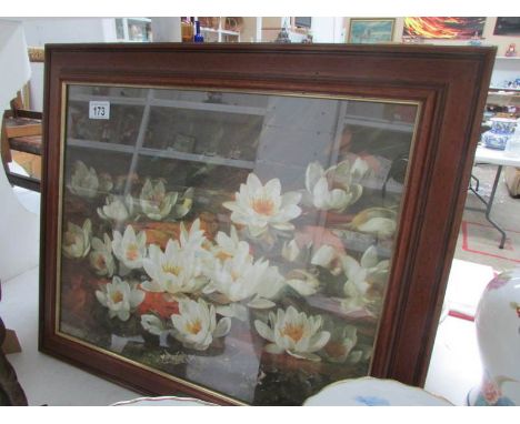 A framed and glazed print of water lilies