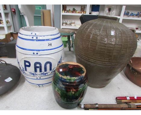 A ceramic barrel and 2 ceramic pots (1 a/f)