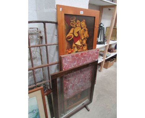 A fire screen, card table, mirror and teddy bear print