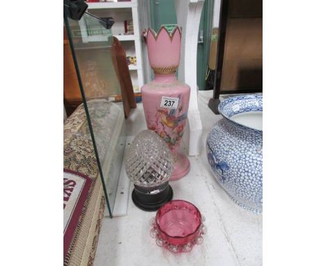 A Victorian pink glass vase decorated with birds (chip on rim), a cranberry glass bowl a/f and one other item