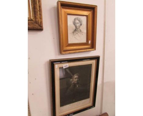 A framed lithograph of Sir Joshua Reynolds and a framed portrait of a man