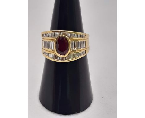 RING IN YELLOW GOLD DIAMETER 13 MM WITH CENTRAL NATURAL OVAL RUBY FROM CTS 1 + CONTOUR ON TRIPLE TRACK OF DIAMONDS GAGUETTE F