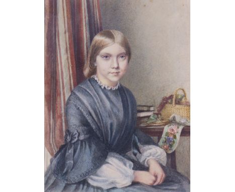 ENGLISH SCHOOL, mid/late-19th century. A portrait of a young lady, seated half-length in a room interior, wearing blue dress,