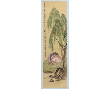 Two Chinese watercolour scroll paintings, swallows perched amongst blossoming trees &amp; horses under a willow tree on a riv