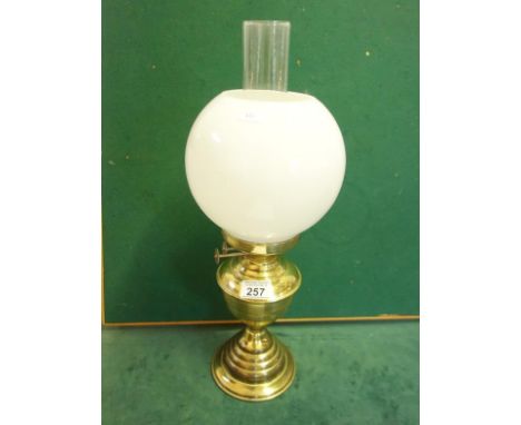 Brass oil lamp and shade with glass funnel 