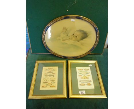 Pair of gilt framed coloured prints of Fish and a coloured print of a Baby by Bessie Peage, 