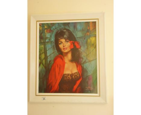 Single 1960's coloured print of a partly clad young lady after Loue Shavney, 20" x 20"
