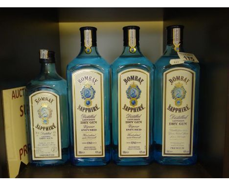 3 x litre bottles of Bombay Sapphire Gin, and 1 70cl bottle of London Gin
