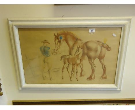 Framed & glazed coloured Lithograph Mare and Foal by John R Skeaping dated 1945