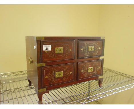 Antique style small collectors cabinet with brass inlaid style decoration and Military style flat handles, 12" tall 12" deep 