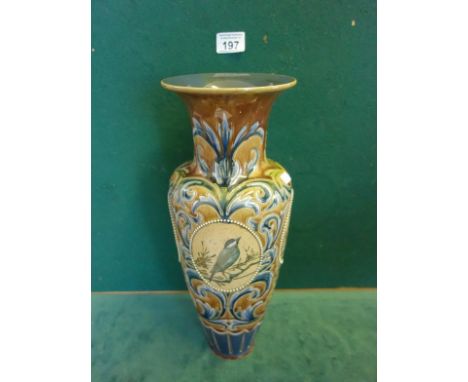 Florence Barlow for Doulton a superbly decorated large stoneware and enamel vase, 16" tall Quad-foil decorated panels of Java