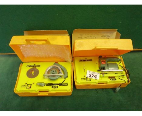 2 x children's novelty miniature Tools by Power Mite, a jigsaw and a circular saw with original box and package, made by Idea
