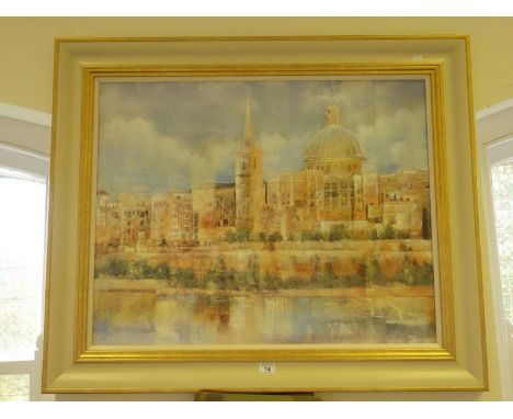 Large impressive print on board of an Italian Riverside scene, numerous buildings, 3' x 4' in gilt painted frame 