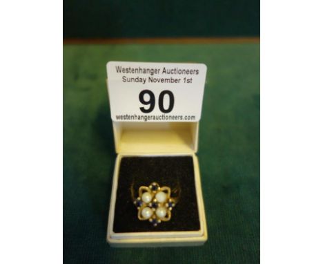 Ladies 9ct gold Sapphire and seed pearl dress ring size M, 5.1 grams including stones,