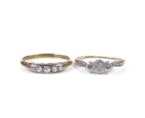 An 18ct gold 3-stone diamond dress ring, setting height 4.6mm, size J, 1.6g, together with an unmarked gold 5-stone diamond d