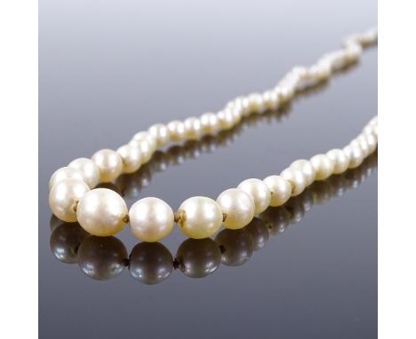 A graduated single strand matinee pearl necklace, with unmarked gold rose-cut diamond set clasp, largest pearl diameter 8.3mm