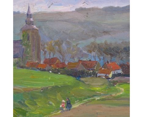 19th/20th century oil on panel, figures in landscape, unsigned, 9" x 11", framed 