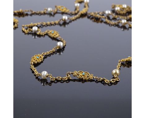 An Antique gilt-metal turquoise and cultured pearl long guard chain, with milled openwork settings and later clasp, overall l