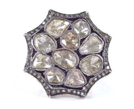 A large unmarked gold Mughal/Moghul style diamond panel ring, set with approx 8ct to 10ct of table-cut diamonds, with old-cut