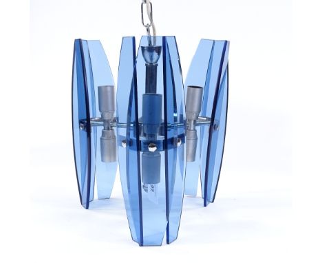 A Murano retro blue glass and stainless steel 3-branch hanging light fitting, glass panel height 28cm 