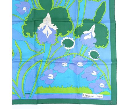 Christian Dior, Vintage blue/green floral pattern silk scarf, 77cm x 77cm 