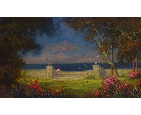 Early 20th century oil on panel, figure on a terrace looking out to sea, unsigned, 4" x 10", framed 
