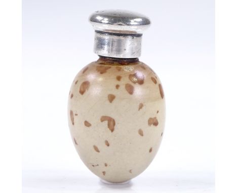 A Victorian novelty silver-mounted painted ceramic egg scent bottle, possibly by Sampson Mordan, hallmarks London 1886, lengt