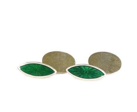 A pair of 18ct gold green and white enamel cufflinks, by Owen Powell, hallmarks Birmingham 1930, marquise panel length 20.3mm