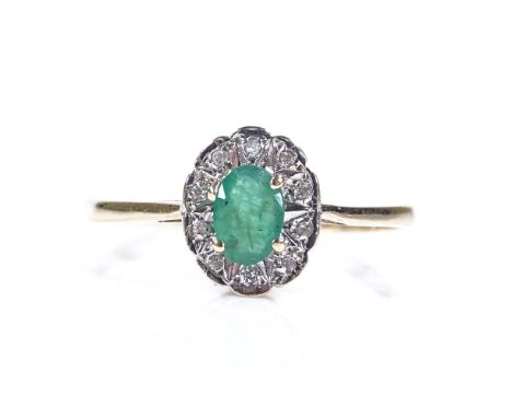 A 9ct gold emerald and diamond cluster ring, setting height 9.6mm, size R, 1.4g 