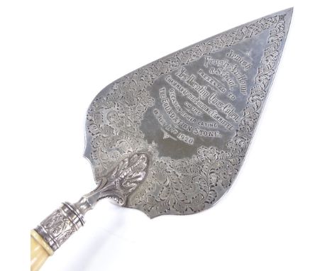 A late Victorian silver and ivory-handled presentation trowel, with engraved acanthus decoration, engraved "Jewish Fresh Air 