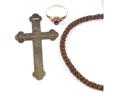 An 18ct gold-mounted 3-section woven hair memorial necklace, maker's marks IUF, length 50cm, together with a 14ct gold ruby r