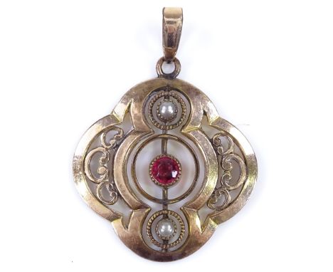 An unmarked gold garnet and split-pearl pendant, openwork stylised settings, height excluding bale 25.5mm, 2.3g 