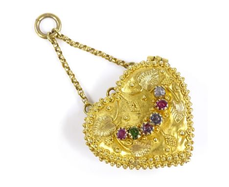 A Victorian heart-shaped REGARD photo locket pendant, unmarked yellow metal settings with applied grapevine decoration, centr