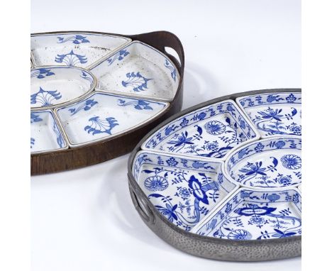 2 early 20th century hors d'oeuvres trays, with blue and white transfer ceramic liners 