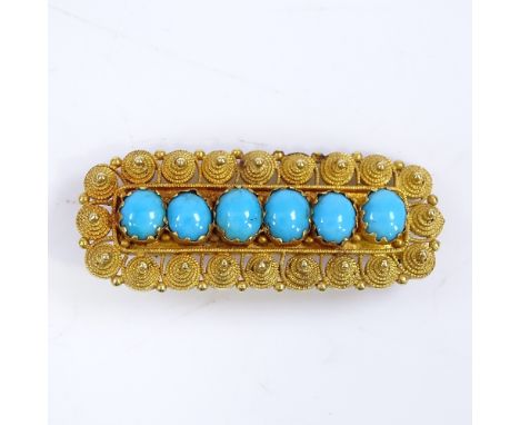 A Georgian unmarked gold 6-stone turquoise panel brooch, with central line of cabochon stones, within a cannetille surround, 