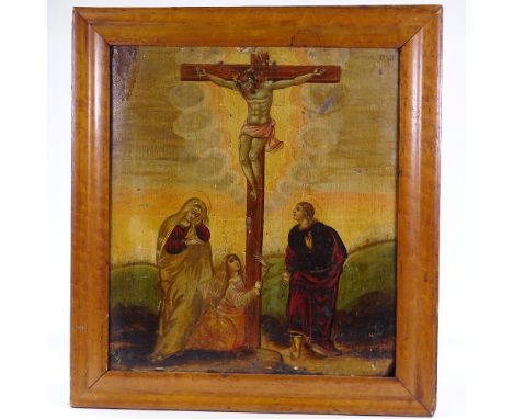 A pair of Continental religious paintings on oak panels, depicting The Adoration of the Magi, and The Crucifixion, 17th or 18