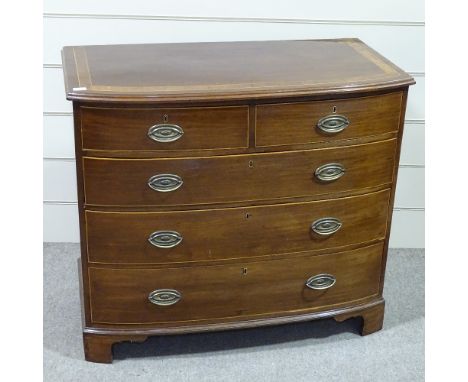 A George III mahogany bow-front chest of 3 long and 2 short drawers, with cross-banded top and bracket feet, width 3'7", heig