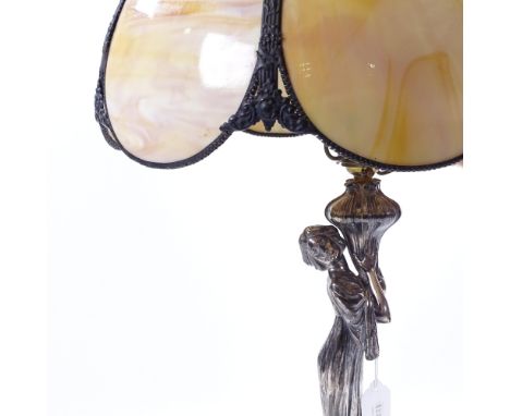 WMF Art Nouveau electroplate table lamp, supported by a figure of a woman, impressed marks under base, height to top of flowe