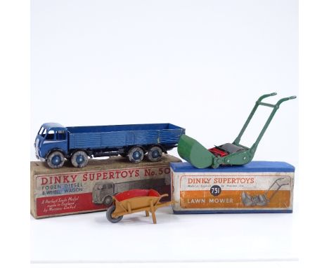 Dinky Meccano Supertoy 501 Foden Diesel Wagon, and 751 Lawnmower and Wheelbarrow (3) 